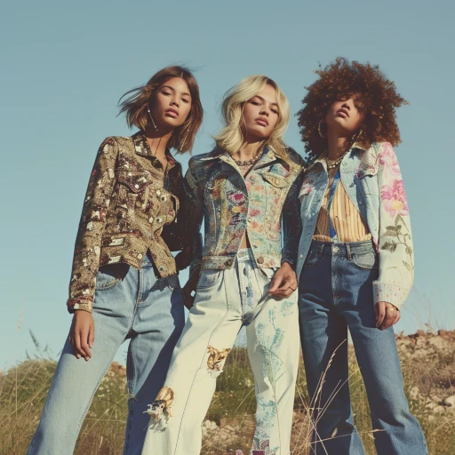 A fashion photograph of 3 young women all wearing jeans and denim jackets